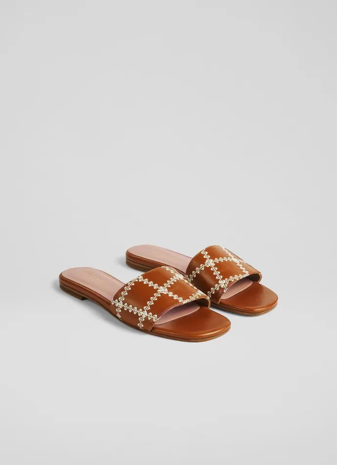 Women Hema Tan Leather Stitch Detail Flat Mules Saddle LKBennett Flats Women Hema Tan Leather Stitch Detail Flat Mules Saddle LKBennett Flats