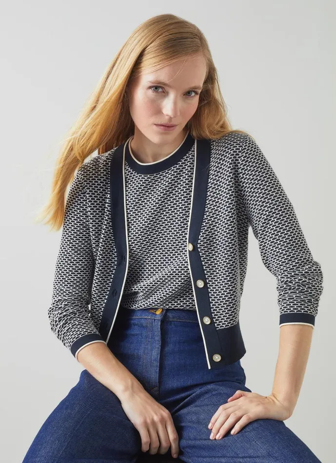 Women Honey Blue CottonMerino Blend Waffle Knit Cardigan Navy Ivory LKBennett Knitwear Women Honey Blue CottonMerino Blend Waffle Knit Cardigan Navy Ivory LKBennett Knitwear