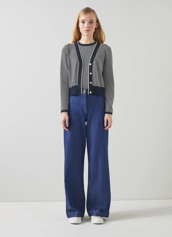 Women Honey Blue CottonMerino Blend Waffle Knit Cardigan Navy Ivory LKBennett Knitwear