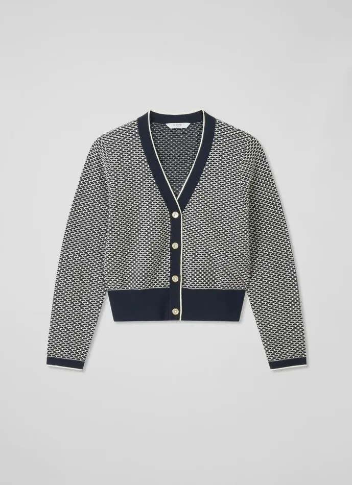 Women Honey Blue CottonMerino Blend Waffle Knit Cardigan Navy Ivory LKBennett Knitwear