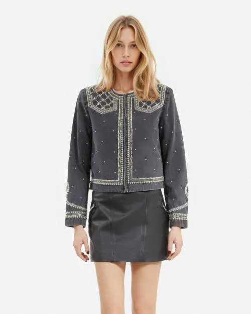 Women Jackets and Blazers The Kooples Grey Denim Jacket With Studs And Pearls Black Washed