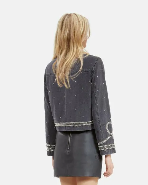 Women Jackets and Blazers The Kooples Grey Denim Jacket With Studs And Pearls Black Washed