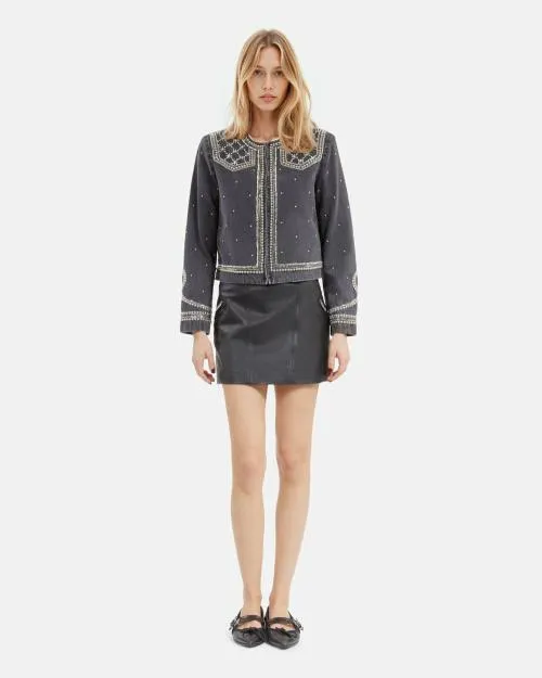 Women Jackets and Blazers The Kooples Grey Denim Jacket With Studs And Pearls Black Washed