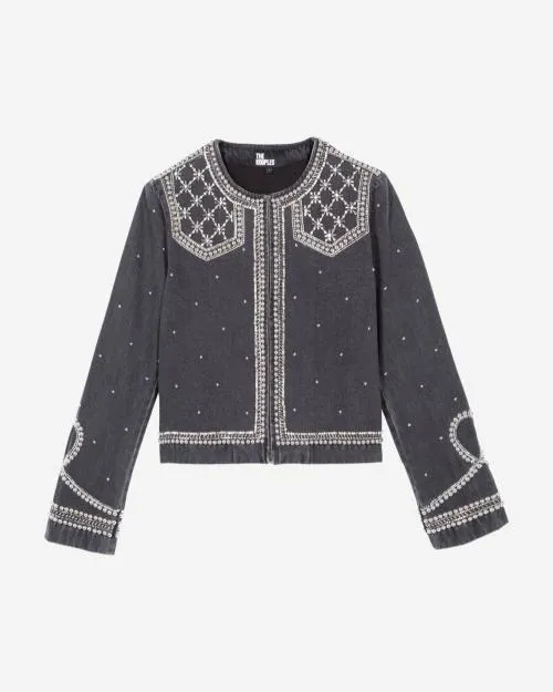 Women Jackets and Blazers The Kooples Grey Denim Jacket With Studs And Pearls Black Washed