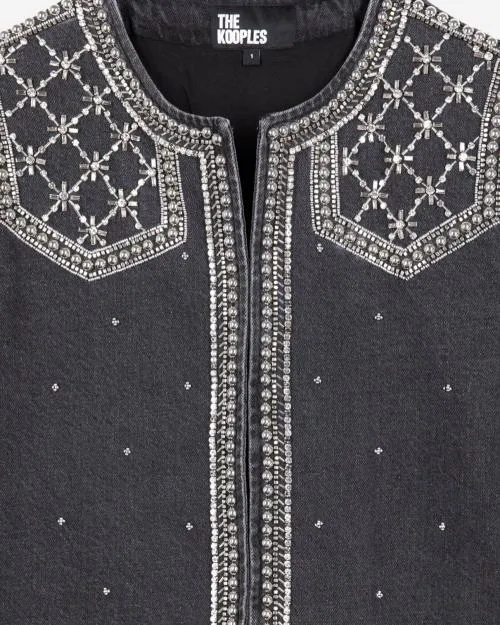 Women Jackets and Blazers The Kooples Grey Denim Jacket With Studs And Pearls Black Washed