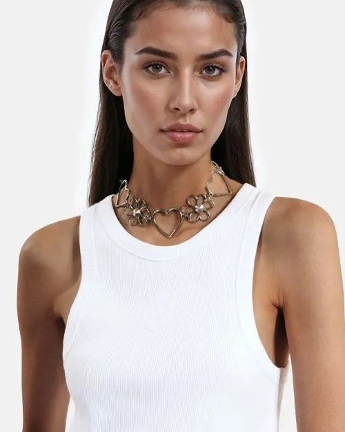 Women Jewelry The Kooples Silver Hearts And Flowers Choker Necklace Silver