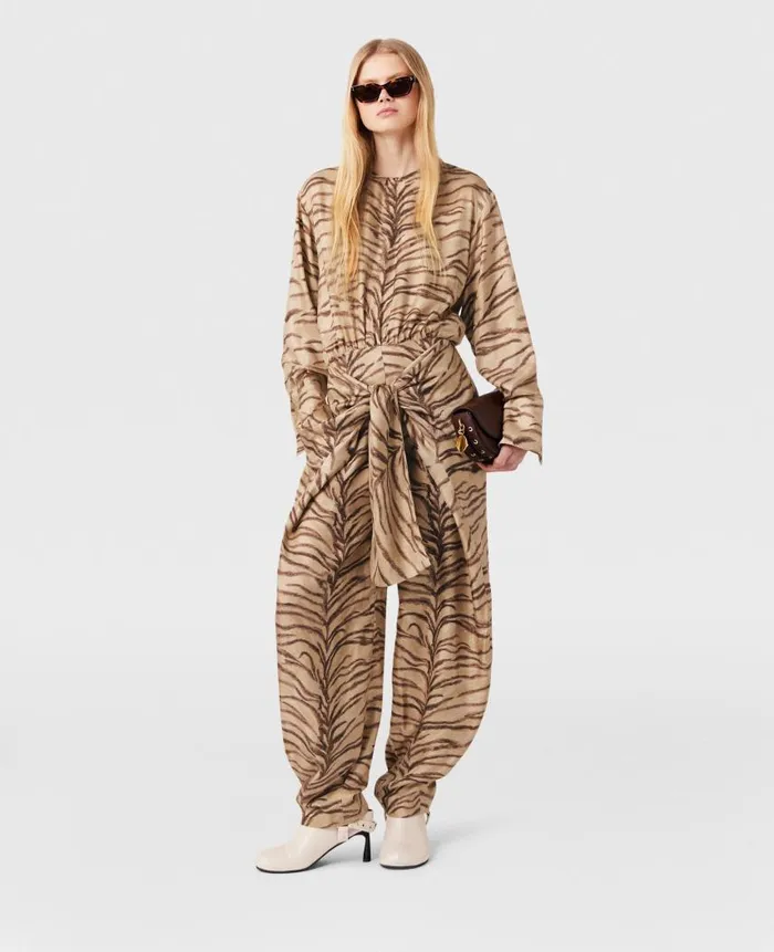 Women Jumpsuits Stella McCartney Tiger Print TieFront Jumpsuit Natural Tiger Print