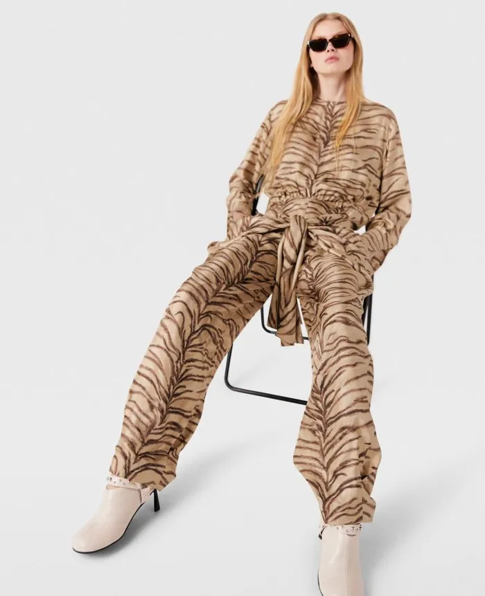 Women Jumpsuits Stella McCartney Tiger Print TieFront Jumpsuit Natural Tiger Print