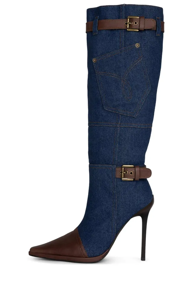 Women Knee To Thigh Jeffrey Campbell BLUJEAN Blue Denim Brown