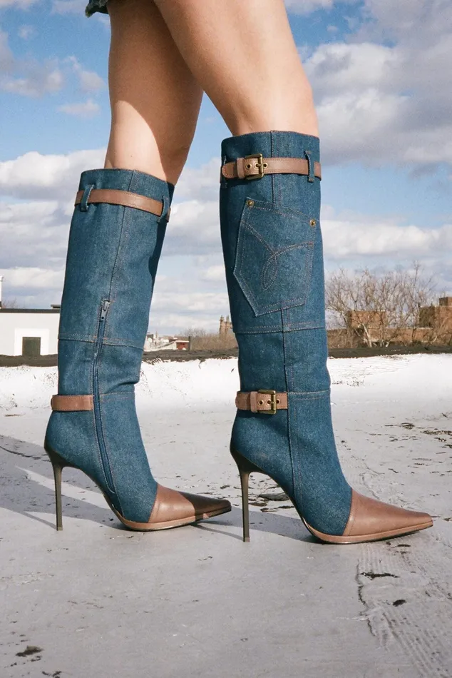 Women Knee To Thigh Jeffrey Campbell BLUJEAN Blue Denim Brown