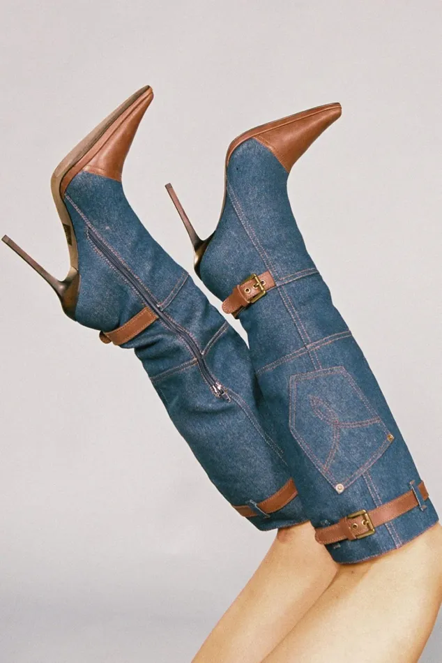 Women Knee To Thigh Jeffrey Campbell BLUJEAN Blue Denim Brown