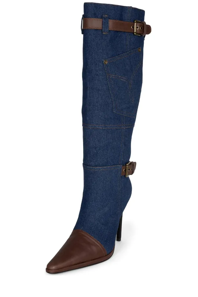 Women Knee To Thigh Jeffrey Campbell BLUJEAN Blue Denim Brown