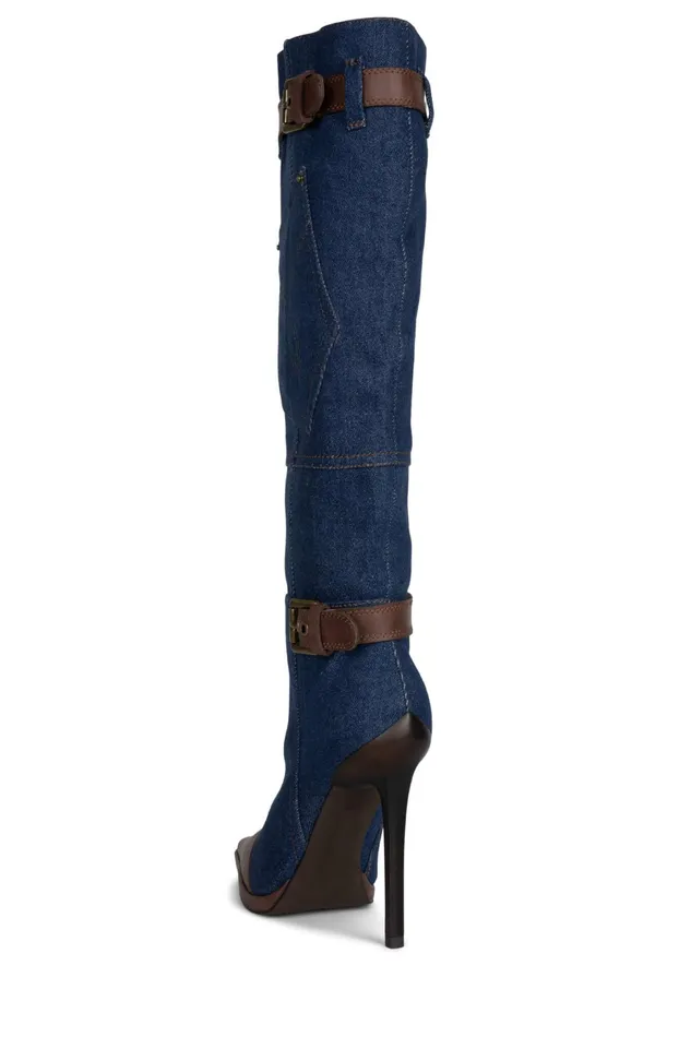 Women Knee To Thigh Jeffrey Campbell BLUJEAN Blue Denim Brown