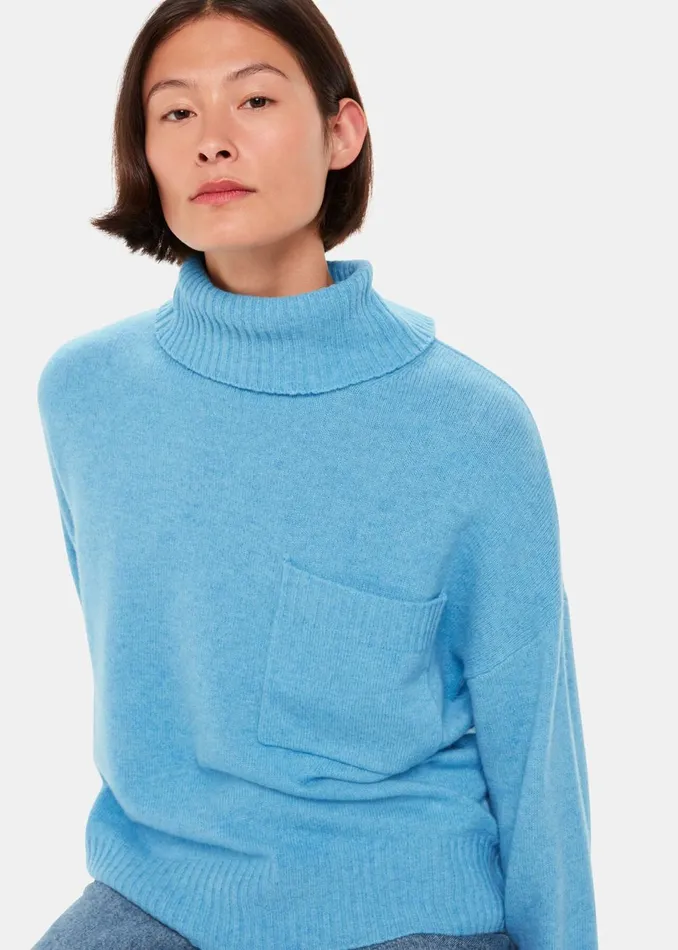 Women Knitwear and Cashmere Whistles Blue Wool Roll Neck Pocket Sweater