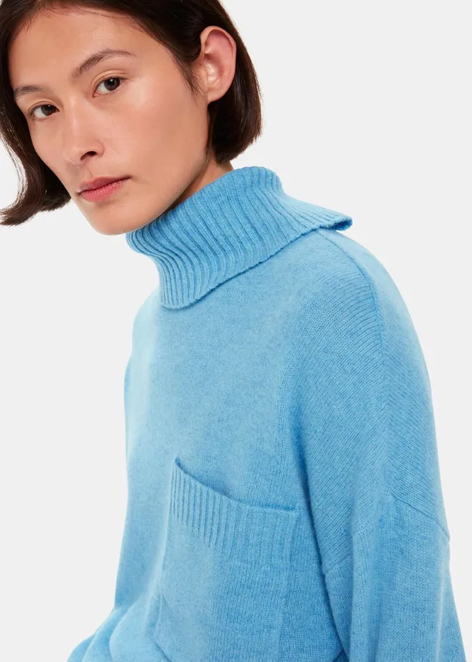 Women Knitwear and Cashmere Whistles Blue Wool Roll Neck Pocket Sweater