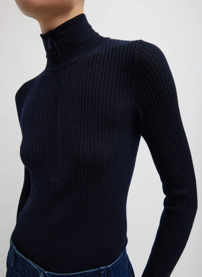 Women Knitwear and Sweatshirts Tibi Feather Weight Ribbed Turtleneck Zip Up Sweater Navy Women Knitwear and Sweatshirts Tibi Feather Weight Ribbed Turtleneck Zip Up Sweater Navy