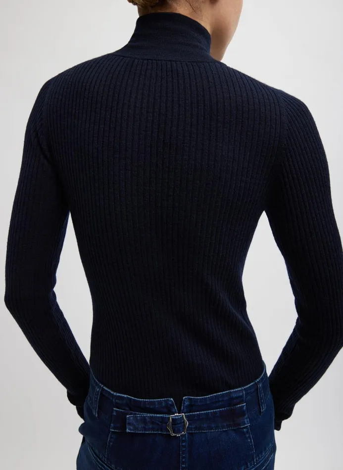 Women Knitwear and Sweatshirts Tibi Feather Weight Ribbed Turtleneck Zip Up Sweater Navy