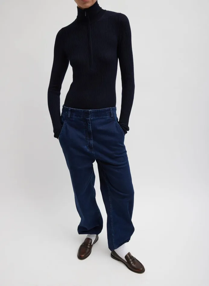 Women Knitwear and Sweatshirts Tibi Feather Weight Ribbed Turtleneck Zip Up Sweater Navy