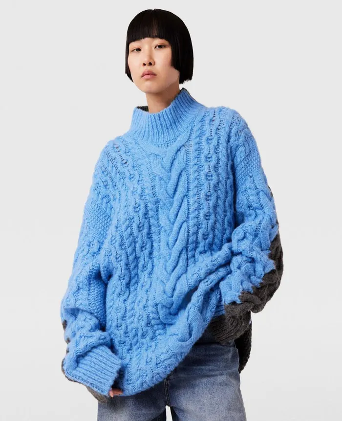 Women Knitwear Stella McCartney TwoTone Cable Knit Oversized Sweater Blue And Gray