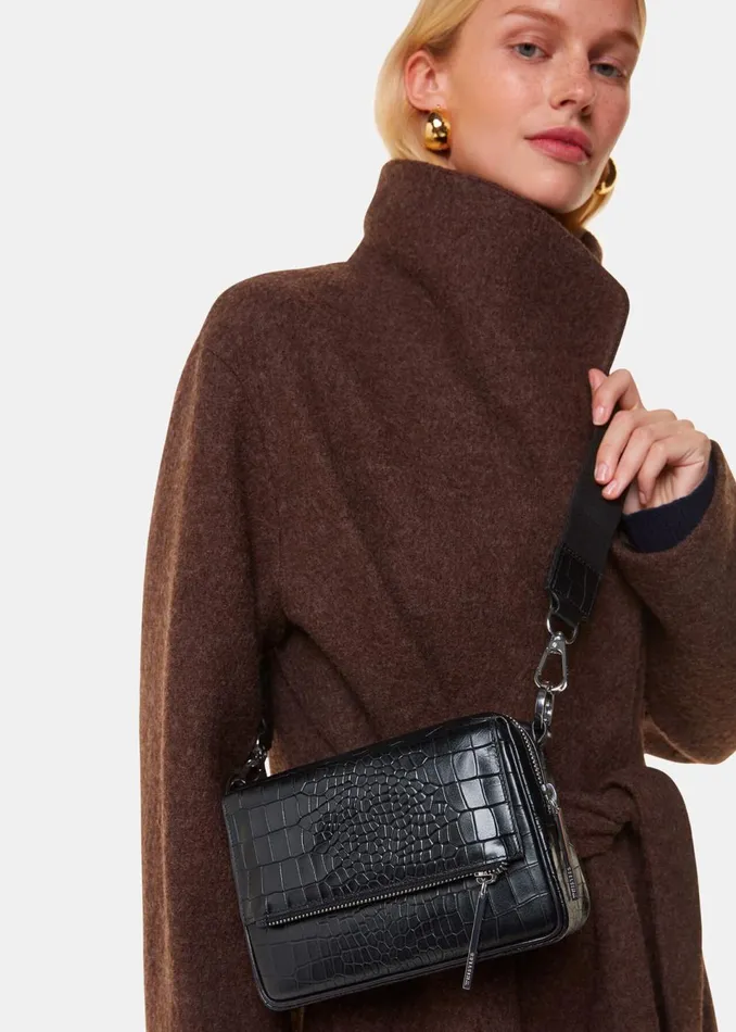Women Leather Whistles Black Bibi Croc Crossbody Bag