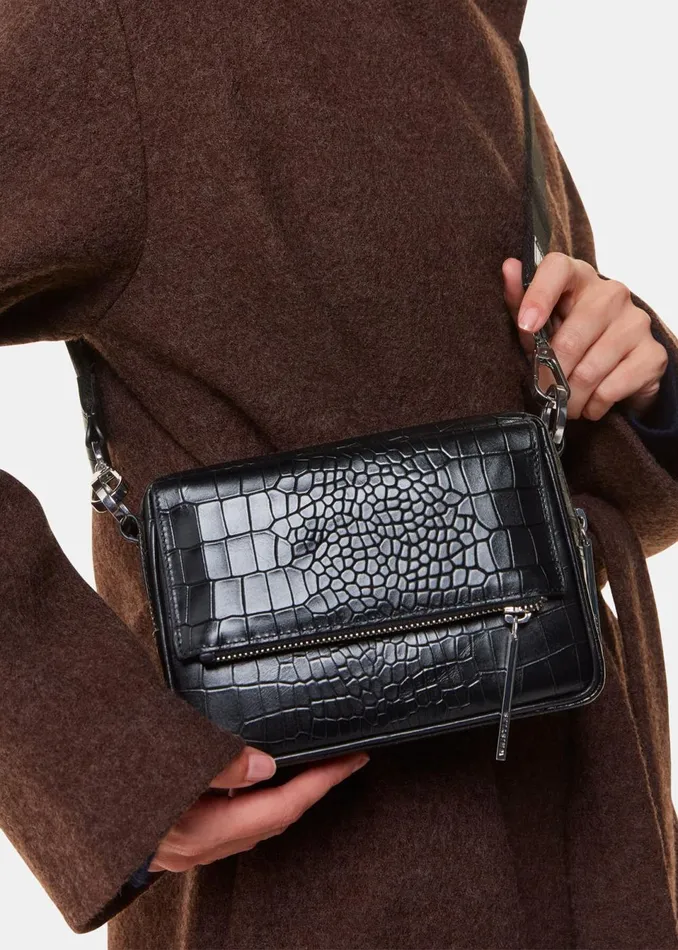 Women Leather Whistles Black Bibi Croc Crossbody Bag