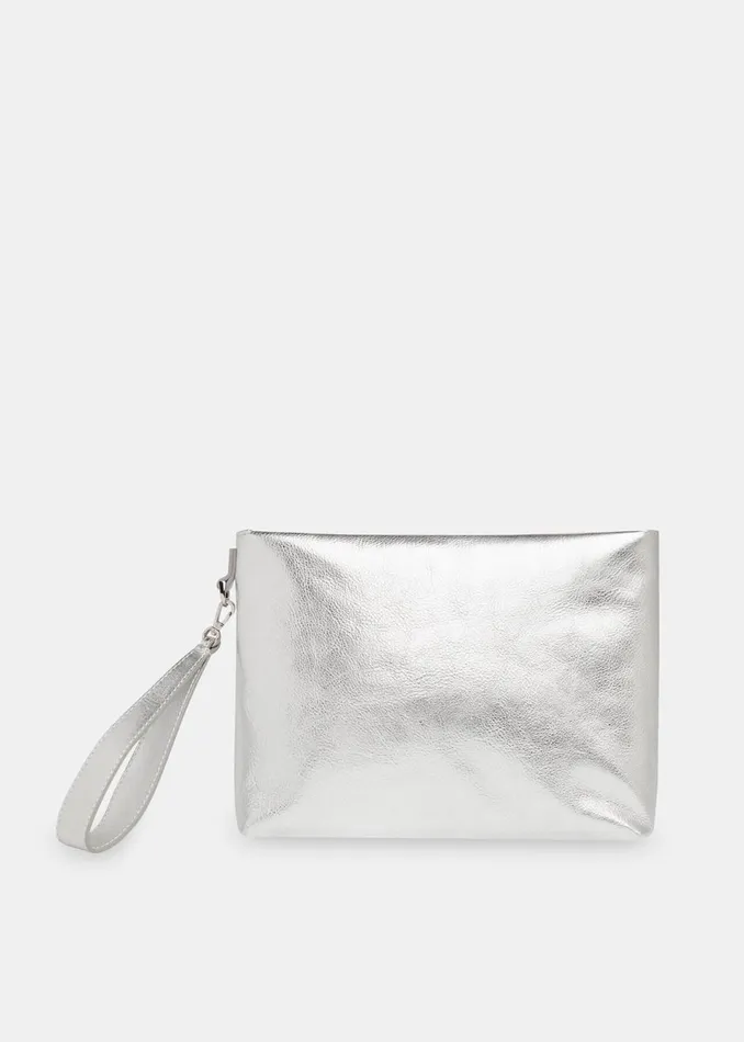 Women Leather Whistles Silver Avah Zip Top Clutch