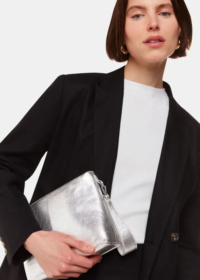 Women Leather Whistles Silver Avah Zip Top Clutch