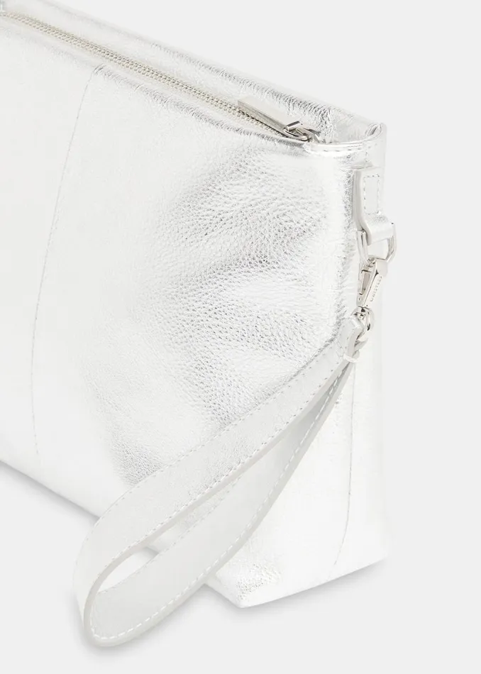 Women Leather Whistles Silver Avah Zip Top Clutch