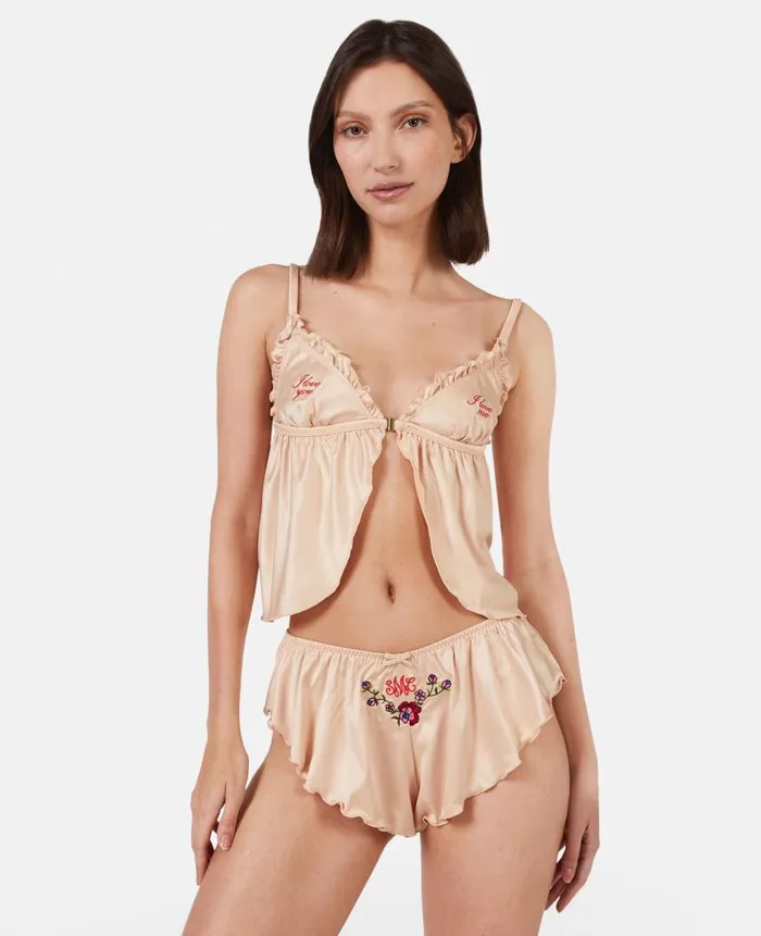 Women Lingerie And Sleepwear Stella McCartney 039Love You039 Embroidery Satin Flounce Sleep Shorts Champagne