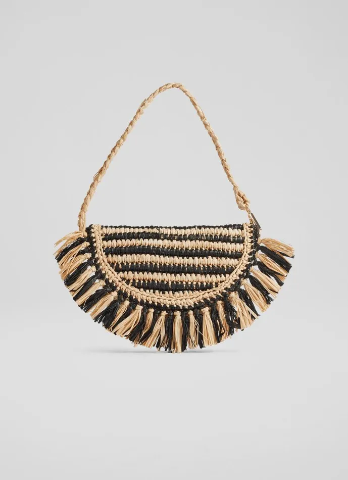 Women Luna Natural And Black Raffia Fringed Bag LKBennett Clutch Bags