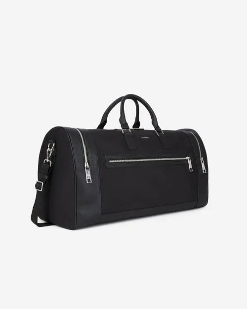 WomenMen Large Bags The Kooples Black Leather And Canvas Weekend Bag Black