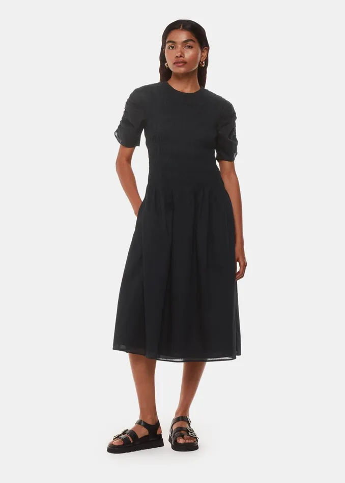 Women Petite Dresses and Jumpsuits Whistles Black Petite Avery Smocked Dress