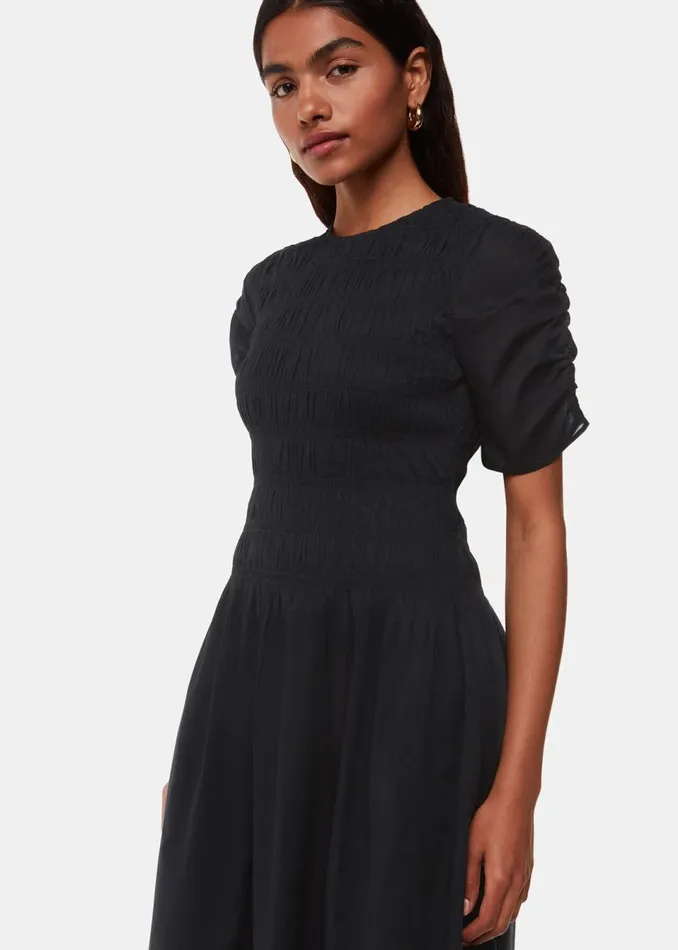 Women Petite Dresses and Jumpsuits Whistles Black Petite Avery Smocked Dress