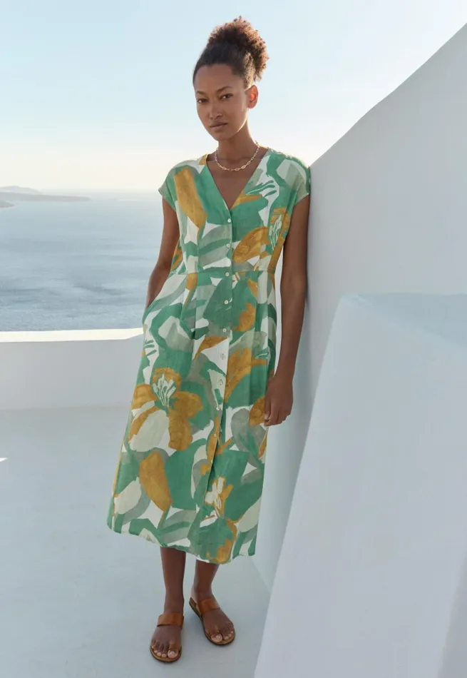 Women Printed Buttonthrough Dress Aqua Gold Poetry Fashion Dresses and Skirts