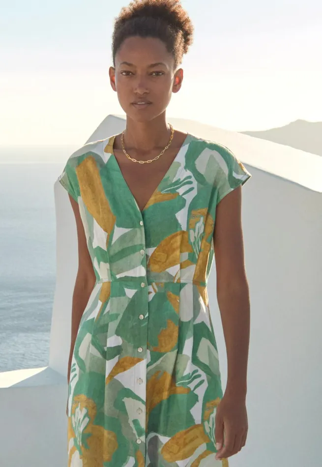 Women Printed Buttonthrough Dress Aqua Gold Poetry Fashion Dresses and Skirts