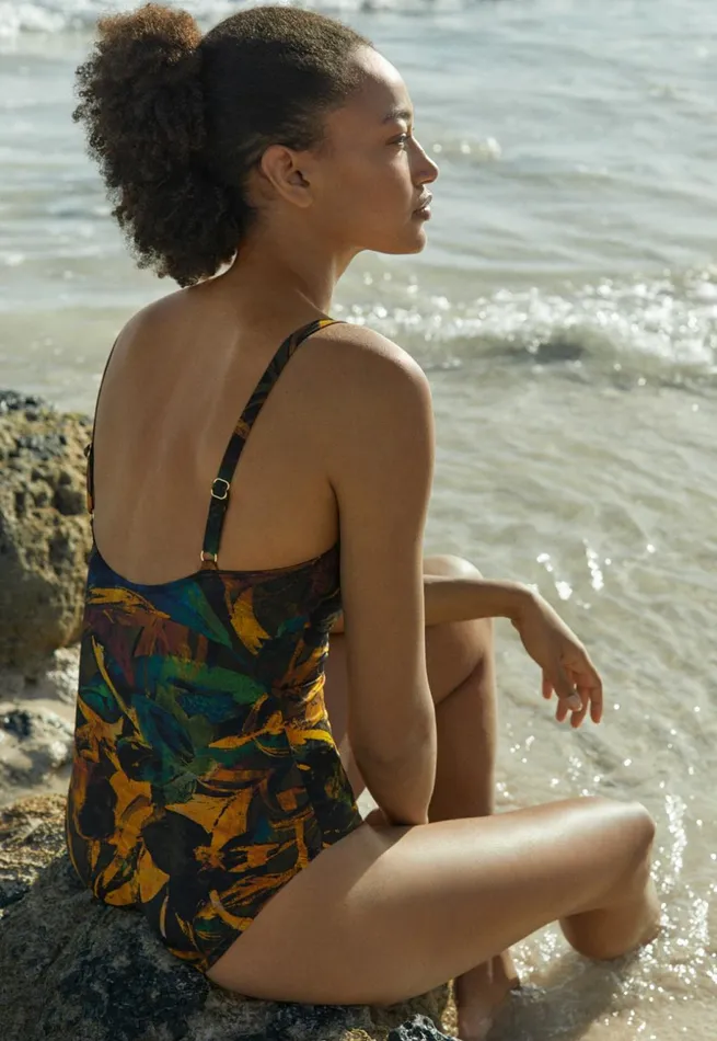 Women Printed Squareneck Swimsuit Gold Forest Poetry Fashion Swimwear