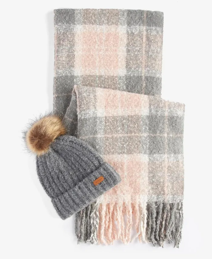 Women Scarves and Wraps Barbour Saltburn Beanie and Tartan Scarf Set Grey Rose