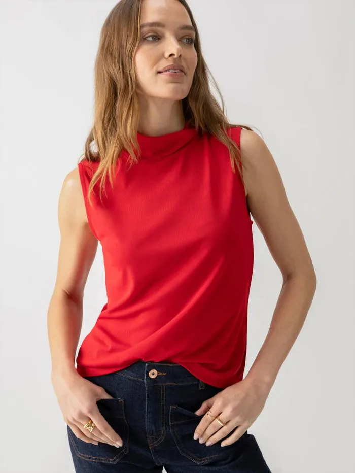 Women Shirred Neck Mesh Tank Cherry Red Sanctuary Clothing Tees and Tops