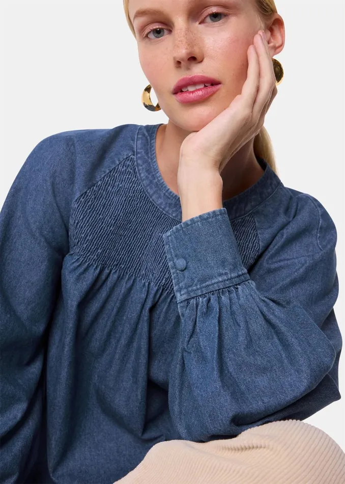 Women Shirts and Blouses Whistles Denim Smocked Denim Blouse
