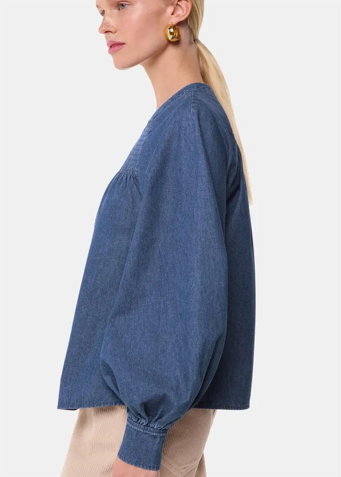 Women Shirts and Blouses Whistles Denim Smocked Denim Blouse