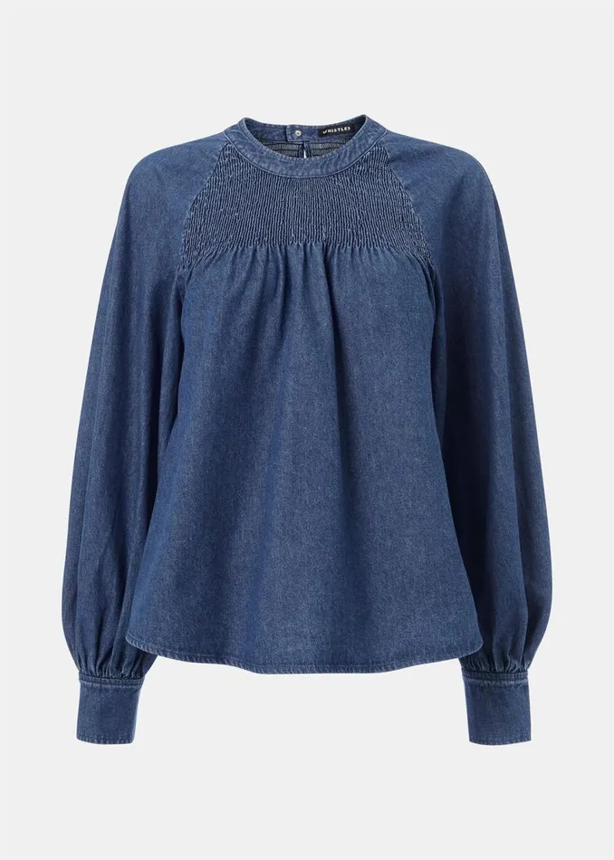 Women Shirts and Blouses Whistles Denim Smocked Denim Blouse