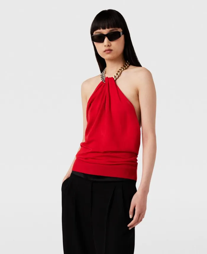Women Shirts And Tops Stella McCartney Frayme ChainEmbellished Halterneck Top Lipstick Red