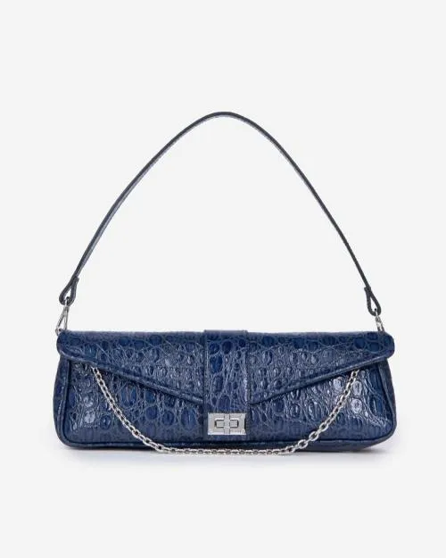 Women Shoulder Bags The Kooples Blue Embossed Leather Baguette Bag Blue