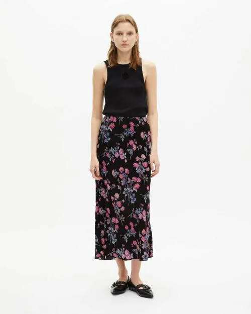 Women Skirts and Shorts The Kooples Long Black 039Neon Roses039 Printed Skirt Black Pink