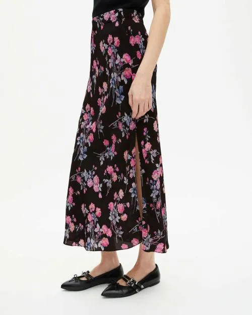 Women Skirts and Shorts The Kooples Long Black 039Neon Roses039 Printed Skirt Black Pink