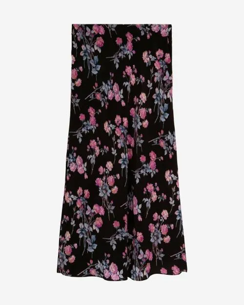 Women Skirts and Shorts The Kooples Long Black 039Neon Roses039 Printed Skirt Black Pink