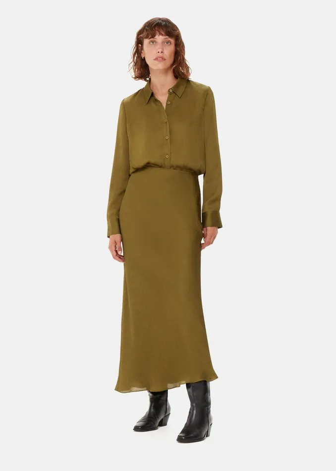 Women Skirts Whistles Khaki Satin Bias Cut Skirt