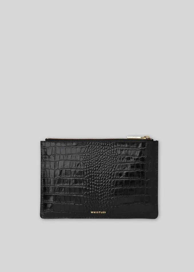 Women Small Bags and Clutches Whistles Black Shiny Croc Small Clutch