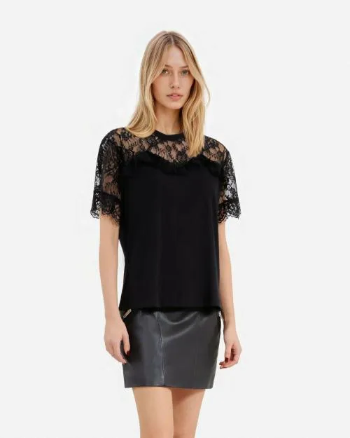 Women Tshirts The Kooples TShirt With Black Lace Black