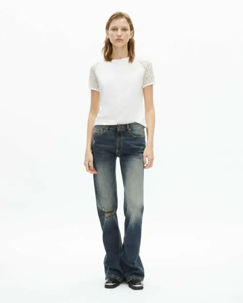 Women Tshirts The Kooples White TShirt With Lace Sleeves Ecru